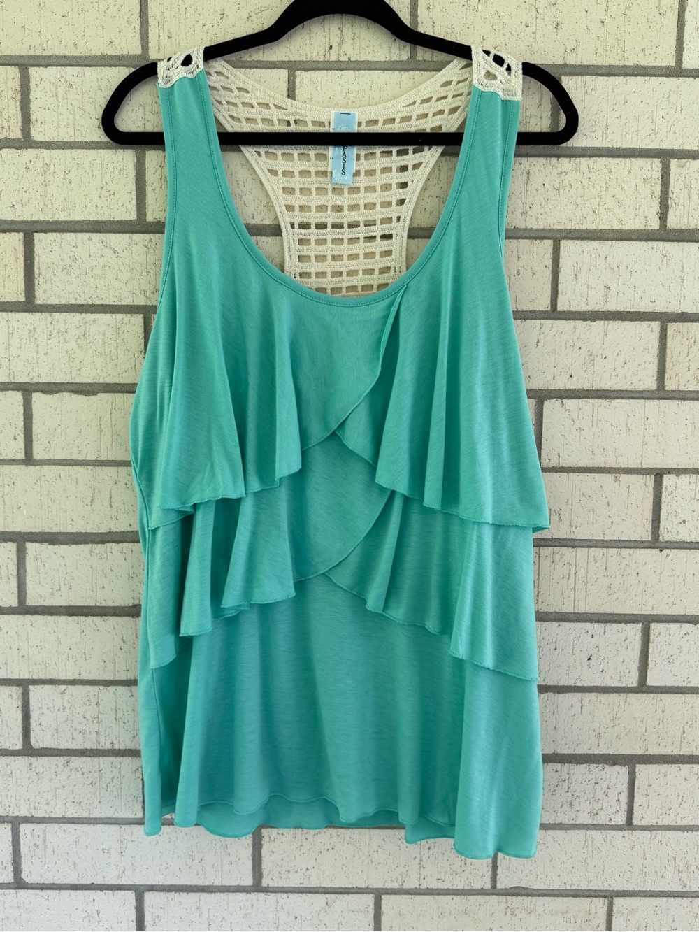 Tiered Ruffle Crochet-Back Tank Top in Aqua